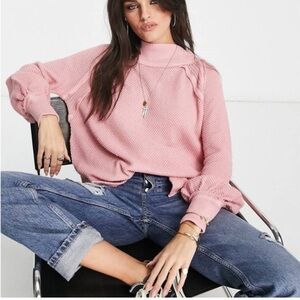 Free People We The Free Pink Sweater Tunic Small Waffle Knit Balloon Sleeve Cozy